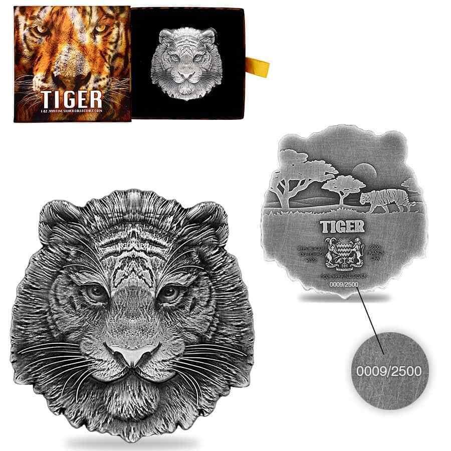 yɔi/iۏ؏tz AeB[NRC _RC [] 2022`h1IXVo[^CK[RCVA9`̍[tibox w/boxj 2022 Chad 1 oz Silver Tiger Coin Serial #9 Shaped High Relief (w/Box)