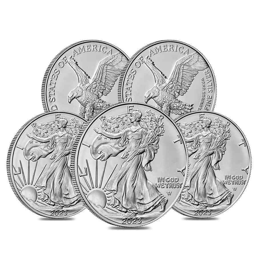 yɔi/iۏ؏tz AeB[NRC _RC [] 5-2023 1IXVo[AJC[O$ 1RCbu Lot of 5 - 2023 1 oz Silver American Eagle $1 Coin BU