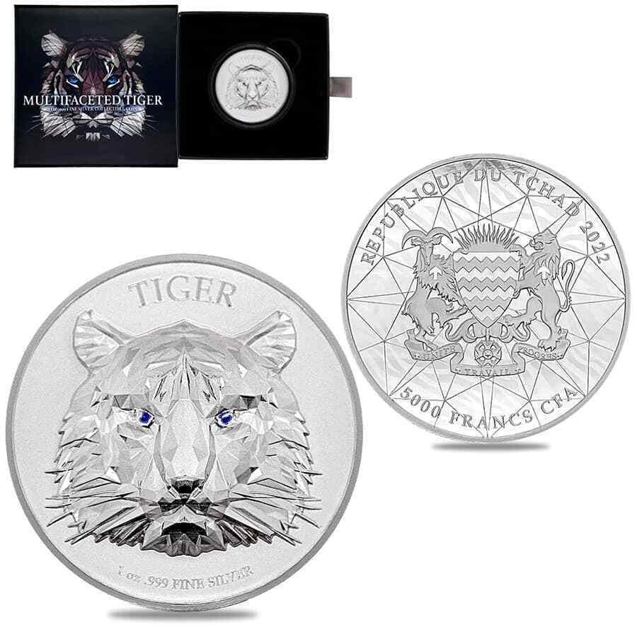 yɔi/iۏ؏tz AeB[NRC _RC [] 2022`h1IXVo[}`t@Zbg^CK[EgnC[tRC.999 2022 Chad 1 oz Silver Multifaceted Tiger Ultra High Relief Coin .999 Fine