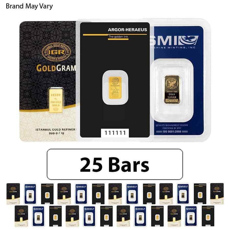 yɔi/iۏ؏tz AeB[NRC _RC [] 25-1O_uhS[ho[.999+iAbZCj Lot of 25 - 1 gram Random Brand Gold Bar .999+ Fine (In Assay)