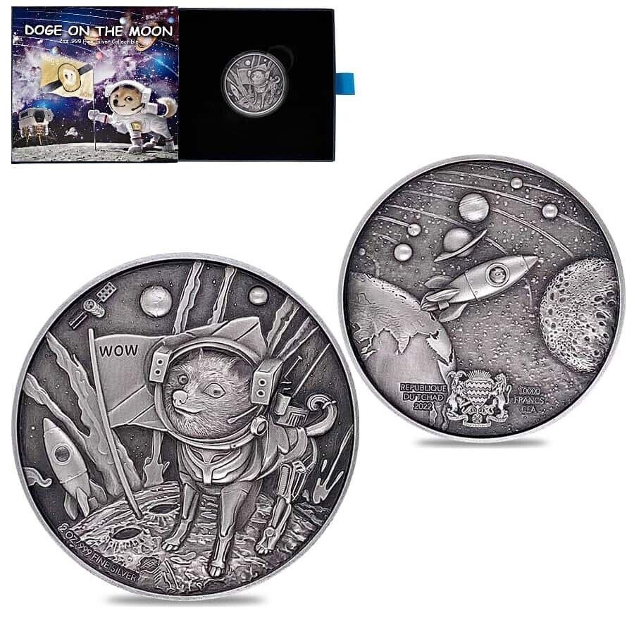 yɔi/iۏ؏tz AeB[NRC _RC [] 2022`h2IXVo[h[W[AeB[NnC[tRC.999t@CW/{bNX 2022 Chad 2 oz Silver Doge On The Moon Antiqued High Relief Coin .999 Fine w/Box