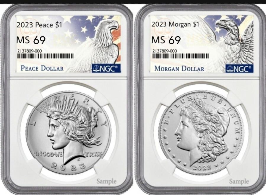 yɔi/iۏ؏tz AeB[NRC _RC [] 2023 P MorganPeace Silver Dollar NGC MS69 2 COIN SET UNCIRCULATED -PREALES 2023 P MORGAN & PEACE Silver Dollar NGC MS69 2 Coin Set uncirculated - Presales