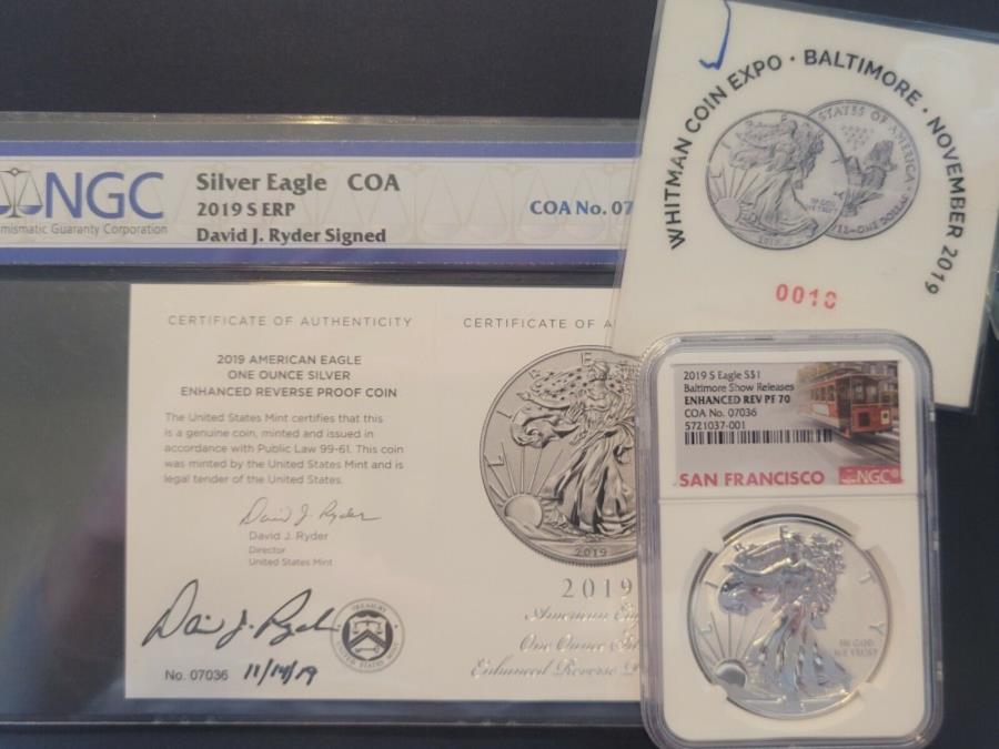 yɔi/iۏ؏tz AeB[NRC _RC [] 2019 S Silver Eagle Enhanced Reverse NGC PF7010 Line David Ryder Signed COA 2019 S Silver Eagle ENHANCED REVERSE NGC PF70 #10 IN LINE DAVID RYDER SIGNED COA