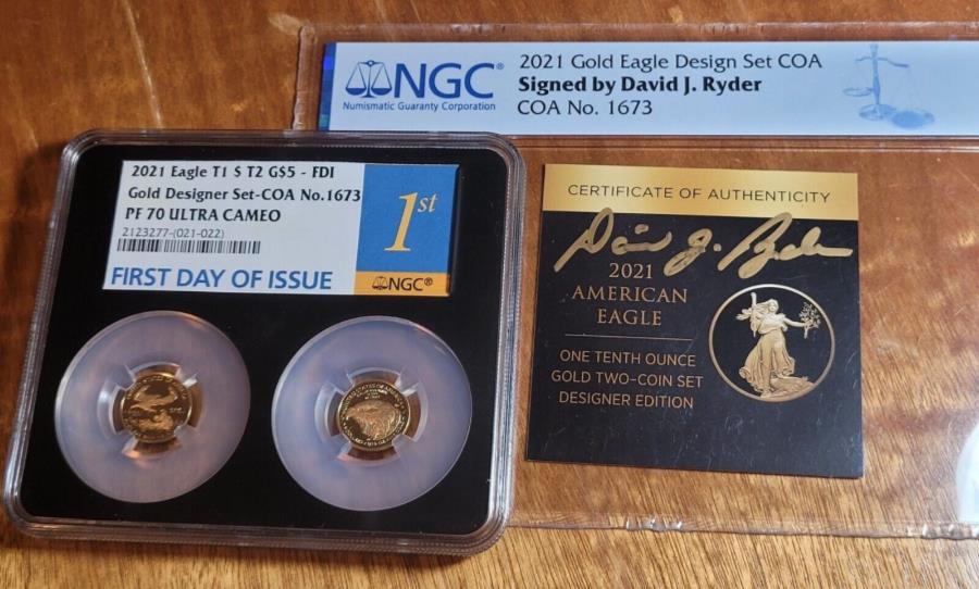 yɔi/iۏ؏tz AeB[NRC _RC [] 2021 W 1/10IXS[hC[OfUCi[ZbgNGC PF70 COA1673 David Ryder 2021 W 1/10 oz Gold Eagle Designer Set NGC PF70 COA#1673 SIGNED by David Ryder