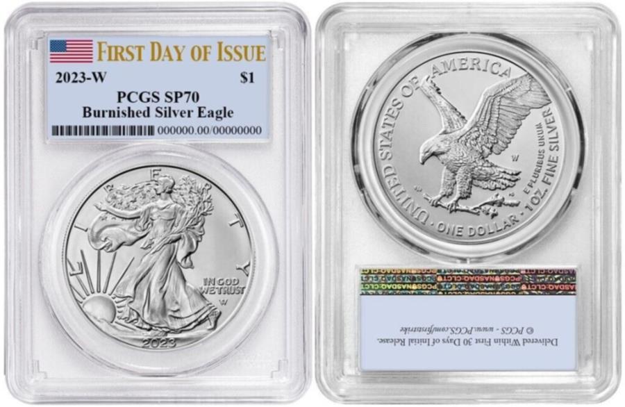 yɔi/iۏ؏tz AeB[NRC _RC [] 2023 wo[fBo[Vo[C[O$ 1 PCGS SP70s̍ŏ̓ 2023 W BURNISHED SILVER EAGLE $1 PCGS SP70 FIRST DAY OF ISSUE FLAG