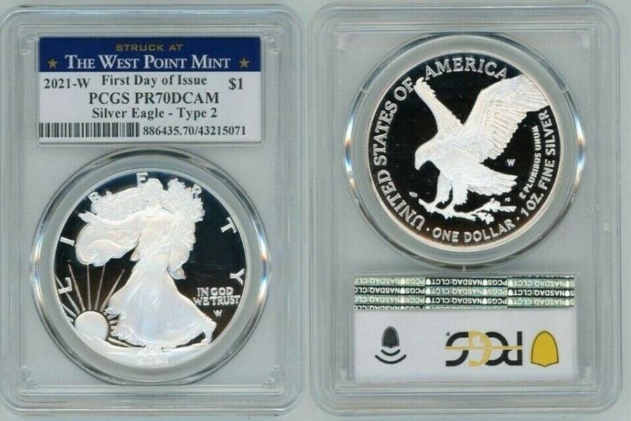 yɔi/iۏ؏tz AeB[NRC _RC [] 2021 WVo[C[O$ 1^Cv-2 PCGS PR70DCAM FDOI WEST POINT MILK SPOTS C8 2021 W SILVER EAGLE $1 TYPE -2 PCGS PR70DCAM FDOI WEST POINT MILK SPOTS C8