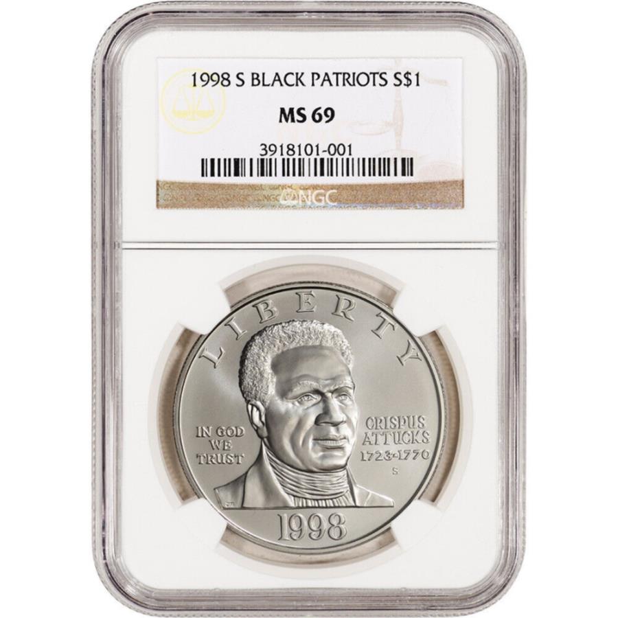 yɔi/iۏ؏tz AeB[NRC _RC [] 1998 -S USubNv푈҃RBUVo[_[-NGCMS69 1998-S US Black Revolutionary War Patriots Commem BU Silver Dollar - NGC MS69