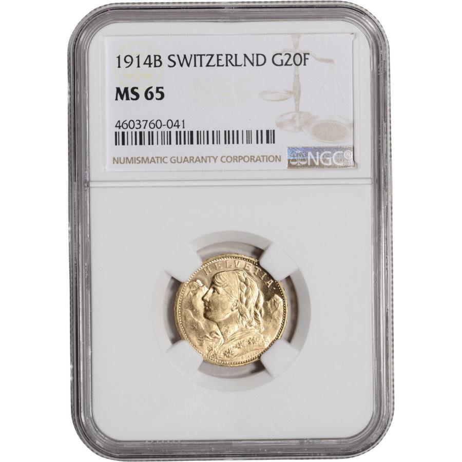 yɔi/iۏ؏tz AeB[NRC _RC [] 1914 B Switzerland Gold 20t-NGCMS65 1914 B Switzerland Gold 20 Francs - NGC MS65