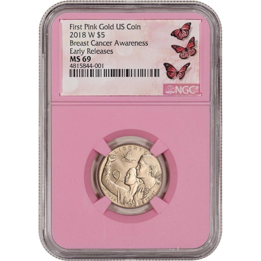 yɔi/iۏ؏tz AeB[NRC _RC [] 2018 -W US Gold $ 5LOBU -NGC MS69A[[[XsN 2018-W US Gold $5 Breast Cancer Commemorative BU - NGC MS69 Early Releases Pink