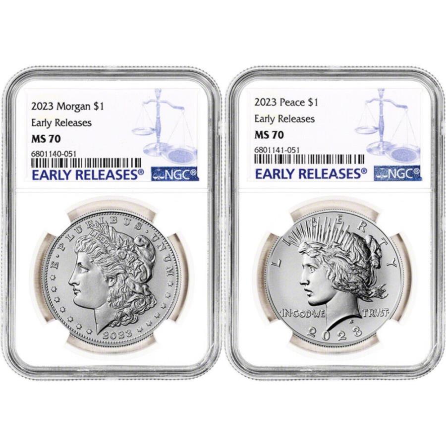 【極美品/品質保証書付】 アンティークコイン モダンコイン [送料無料] 2023米国2コインモーガンとピースシルバーダラーセットNGC MS70アーリーリリース 2023 US Two Coin Morgan and Peace Silver Dollar Set NGC MS70 Early Releases