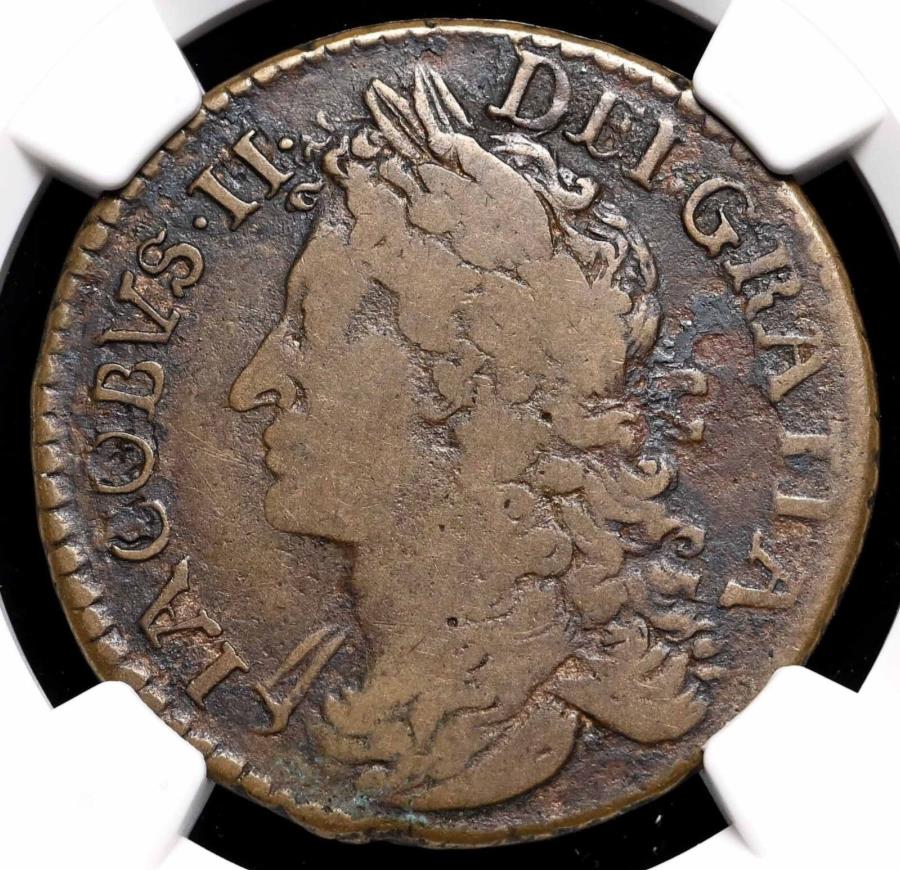 yɔi/iۏ؏tz AeB[NRC _RC [] AChBWF[YIIA1689N9AK}j[A1/2NEAS-6579DANGC F12 IRELAND. James II, September 1689, Gunmoney, 1/2 Crown, S-6579D, NGC F12