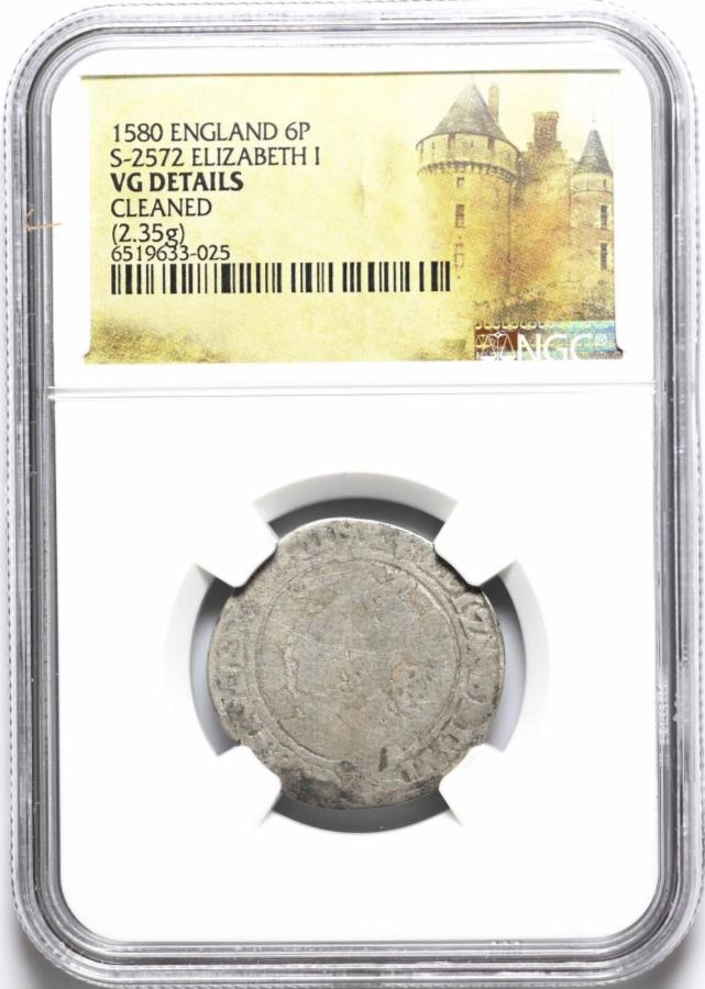 yɔi/iۏ؏tz AeB[NRC _RC [] COhBGUxXI. 1558-1603BVo[VbNXyXAS-2572ANGC VG̏ڍ ENGLAND. Elizabeth I. 1558-1603. Silver Sixpence, S-2572, NGC VG Details