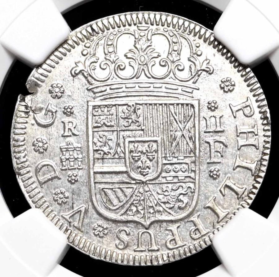 yɔi/iۏ؏tz AeB[NRC _RC [] XyC̐AnB Philip VA1727-FASilver 2 RealesANGC MS63 Spanish Colonial Era. Philip V, 1727-F, Silver 2 Reales, NGC MS63