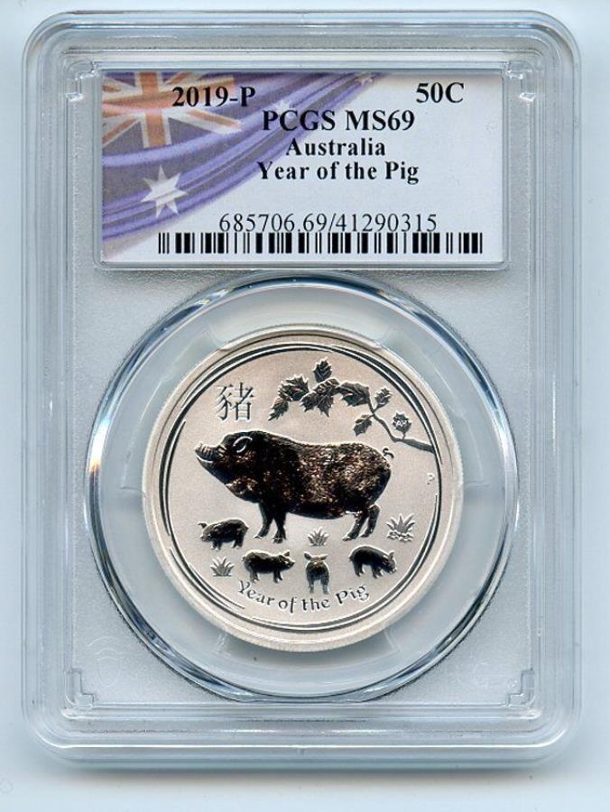 yɔi/iۏ؏tz AeB[NRC _RC [] 2019 P 50CVo[1/2IXI[XgA̓؂̔hPCGS MS69̔N 2019 P 50C Silver 1/2 oz Australia Year of the Pig Half Dollar PCGS MS69