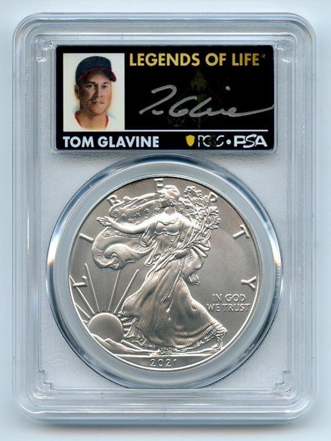 yɔi/iۏ؏tz AeB[NRC _RC [] 2021 $ 1Vo[C[OT1ŏIv_NVPCGSMS70WFhCtgOr 2021 $1 Silver Eagle T1 Last Day Production PCGS MS70 Legends Life Tom Glavine