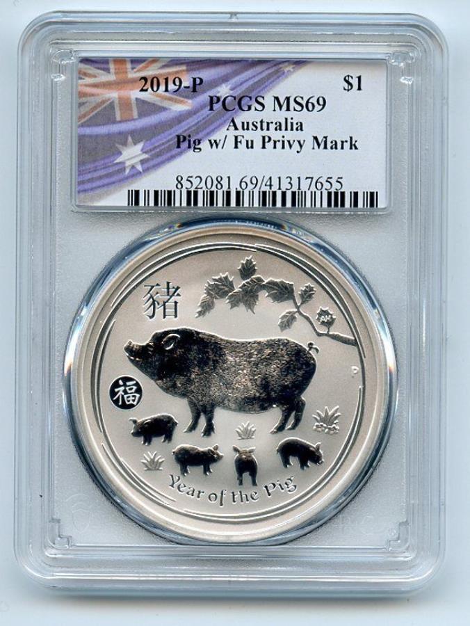  アンティークコイン モダンコイン  2019 p $ 1シルバー1オンスオーストラリアの豚の年 2019 P $1 Silver 1 oz Dollar Australia Year of Pig w/ Fu Privy Mark PCGS MS69