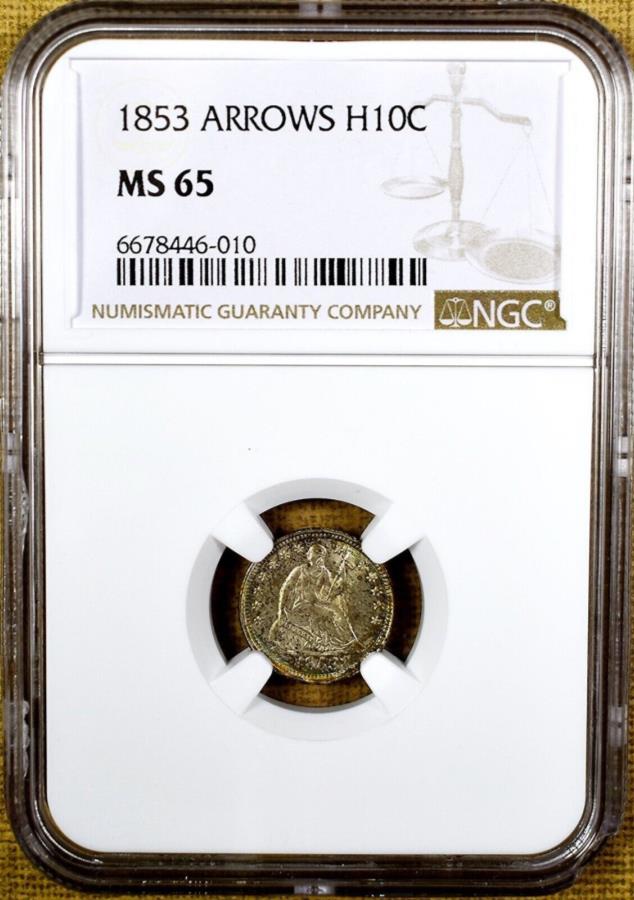 yɔi/iۏ؏tz AeB[NRC _RC [] 1853ngc ms65n[t_C - tpXeJ[ 1853 Arrows NGC MS65 Seated Half Dime - Reverse Pastel Colors