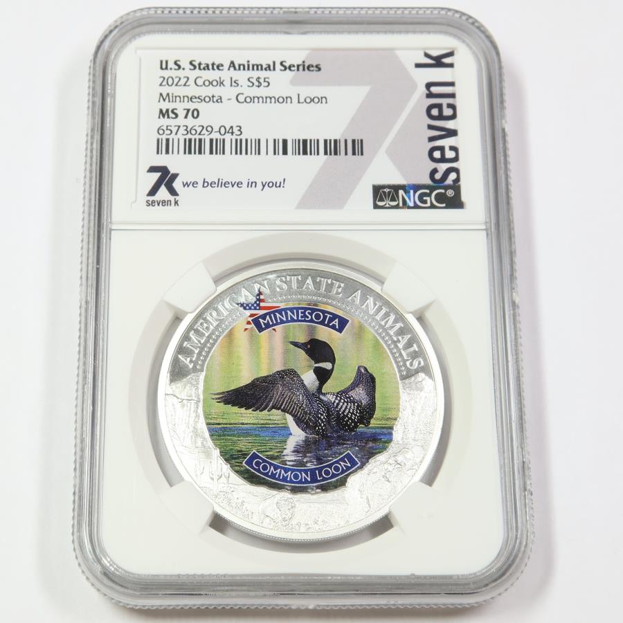 yɔi/iۏ؏tz AeB[NRC _RC [] 2022 NGC MS70~l\^R[1IXVo[NbNACh$ 543748A 2022 NGC MS70 Minnesota Common Loon 1 oz Silver Cook Islands $5 #43748A