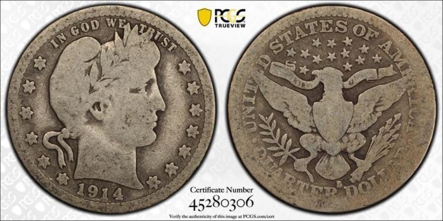 ڶ/ʼݾڽա ƥ 󥳥 [̵] 1914 S PCGS AG 3 |СС-25C US40131A 1914 S PCGS AG 3 | Barber Quarter - 25c US Coin #40131A