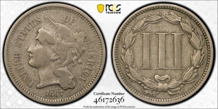 ڶ/ʼݾڽա ƥ 󥳥 [̵] 1867 PCGS F15 | 3ȥ˥å-3C US40852A 1867 PCGS F15 | Three Cent Nickel - 3c US Coin #40852A