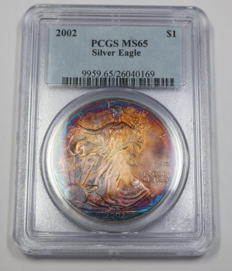 yɔi/iۏ؏tz AeB[NRC _RC [] 2002 PCGS MS65 |g[Vo[C[O-USRC$ 139923A 2002 PCGS MS65 | Toned Silver Eagle - US Coin $1 #39923A