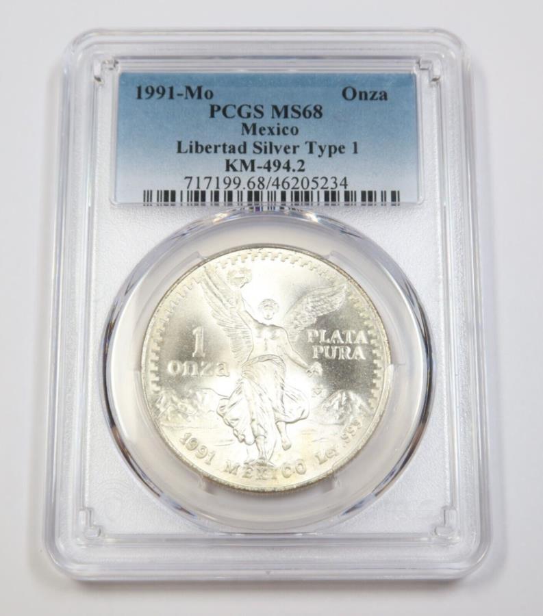 yɔi/iۏ؏tz AeB[NRC _RC [] 1991 MO PCGS MS68^Cv1 |LVR-1IXVo[o^h-UNNZA COIN39571A 1991 Mo PCGS MS68 TYPE 1 | MEXICO - 1 oz Silver Libertad - Un Onza Coin #39571A