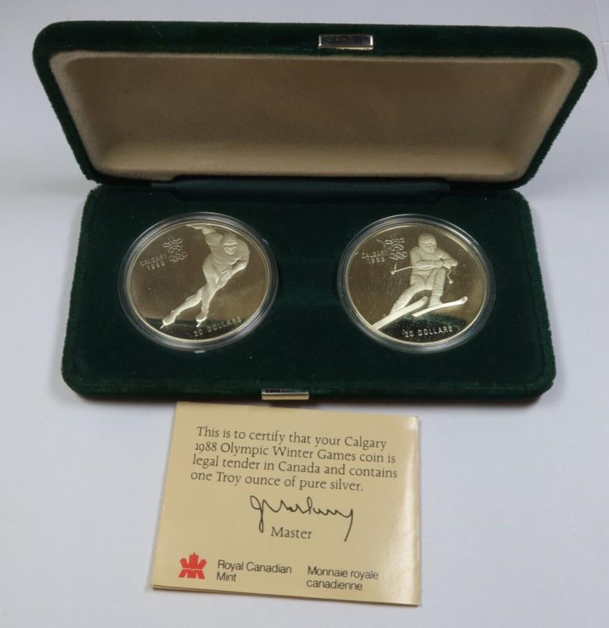 yɔi/iۏ؏tz AeB[NRC _RC [] 1988Ji_JK[|Vo[IsbNEB^[Q[2RCZbgW{bNXCOA42160T 1988 CANADA CALGARY | SILVER Olympic Winter Games 2 Coin Set w Box & COA #42160T