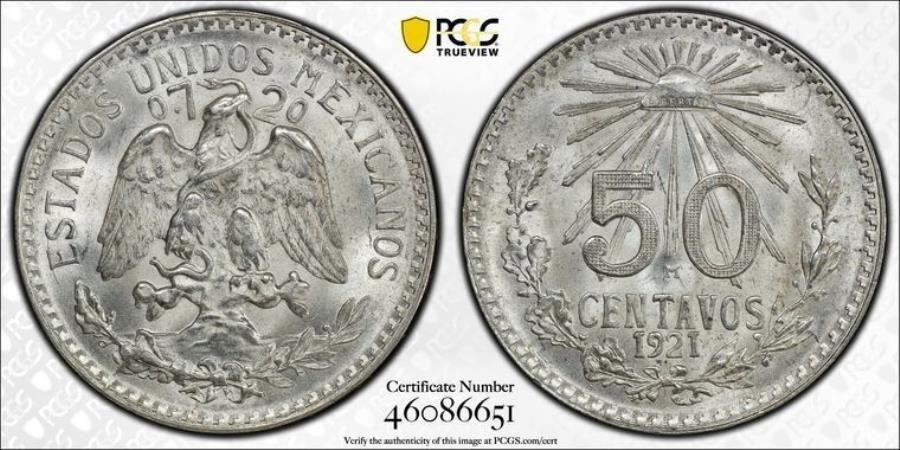 yɔi/iۏ؏tz AeB[NRC _RC [] 1921 M PCGS MS66 |LVR-50 CENTAVOS 50C COIN41294A 1921 M PCGS MS66 | MEXICO - 50 Centavos 50C Coin #41294A