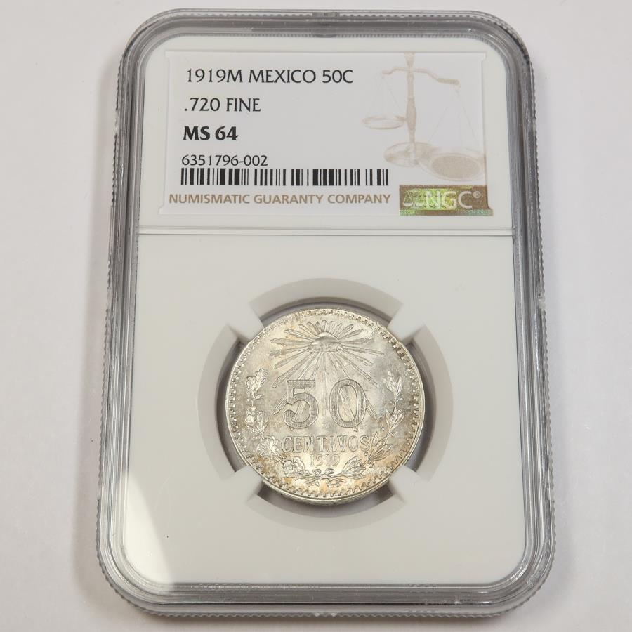 yɔi/iۏ؏tz AeB[NRC _RC [] 1919Nmo ngc ms64 |LVR - Vo[50C 50 Centavos Coin43475A 1919 Mo NGC MS64 | MEXICO - Silver 50C Fifty Centavos Coin #43475A