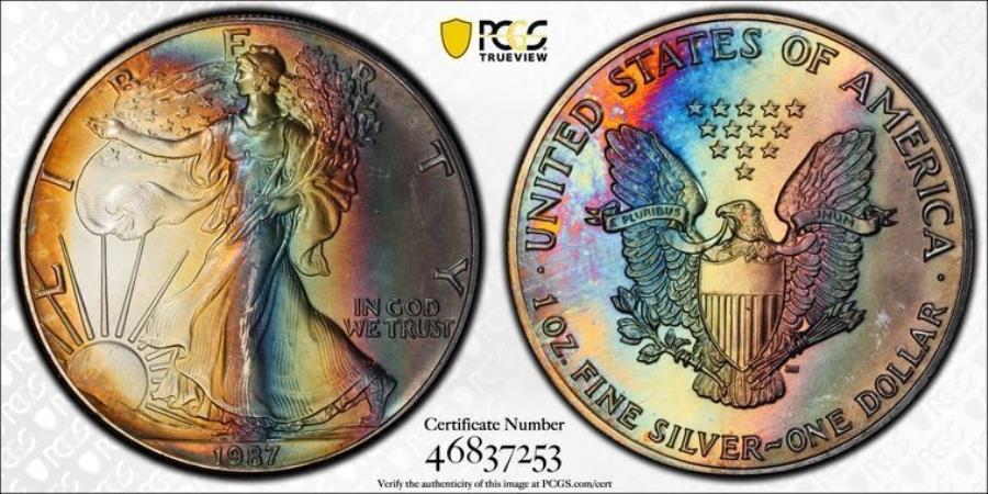 yɔi/iۏ؏tz AeB[NRC _RC [] 1987 PCGS MS68 |g[Vo[AJC[O-US 1 OZ SAE COIN $ 142710B 1987 PCGS MS68 | TONED Silver American Eagle - US 1 oz SAE Coin $1 #42710B