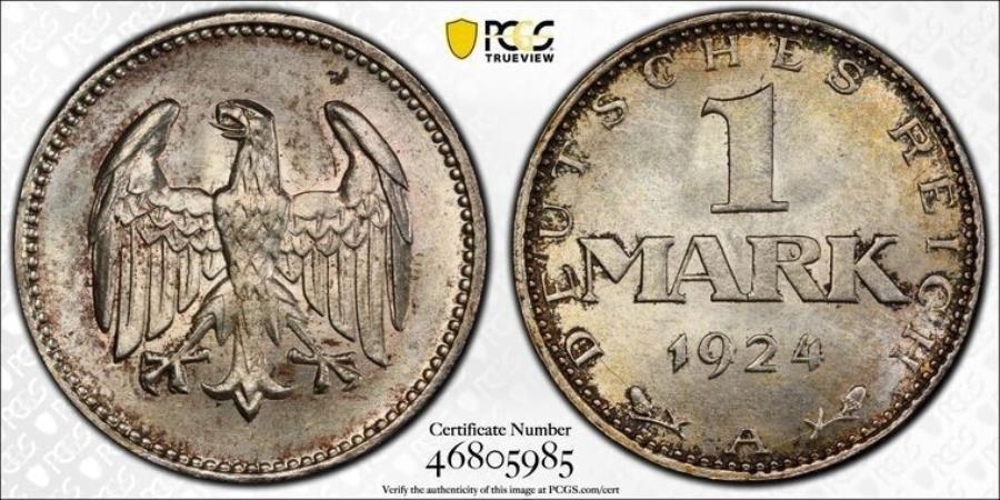 1924-Aɥ1ޡPCGS MS65åȡG4848С gem bu J-311 1924-A Germany 1 Ma...