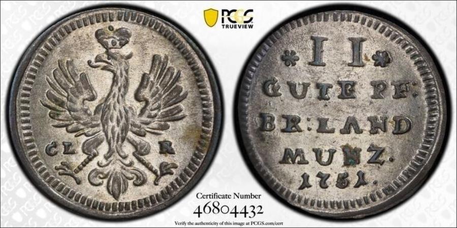  アンティークコイン モダンコイン  1751-CLRドイツBrandenburg-Bayreuth 2 Pfennig PCGS MS64 LOT＃G5025 SILVER！ 1751-CLR Germany Brandenburg-Bayreuth 2 Pfennig PCGS MS64 Lot#G5025 Silver!