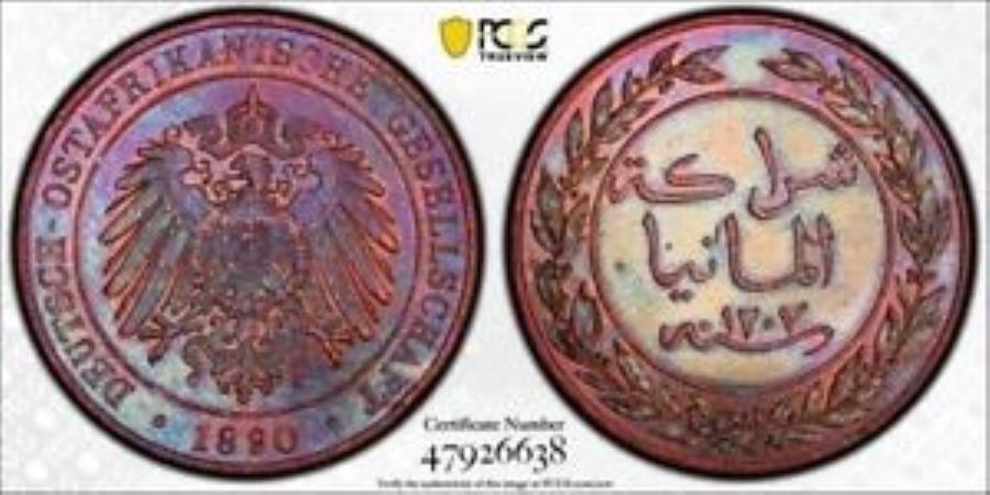 yɔi/iۏ؏tz AeB[NRC _RC [] AH 1307i1890jhCcAtJ1 PESA PCGS MS64BNbgG5113`CXUNCI J-710 AH 1307 (1890) German East Africa 1 Pesa PCGS MS64BN Lot#G5113 Choice UNC! J-710