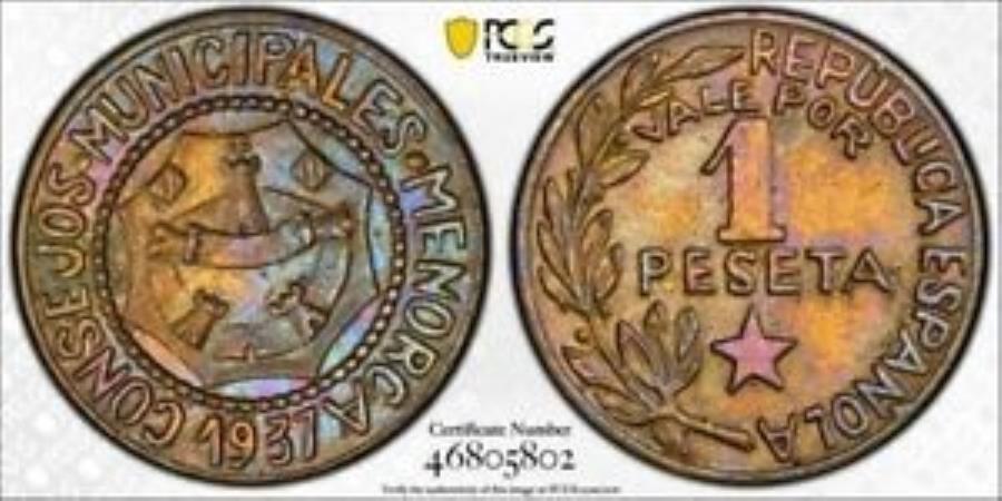  アンティークコイン モダンコイン  1937スペインメノルカ1ペセタPCGS MS63ロット＃G4901ソロFinest！ 37000ミント 1937 Spain Menorca 1 Peseta PCGS MS63 Lot#G4901 Solo Finest! 37000 Minted