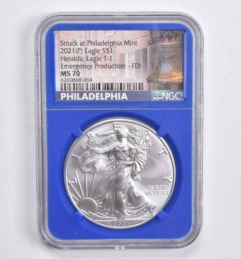 MS70 2021PϥT -1-۵FDI NGC֥롼 MS70 2021 (P) Heraldic Eagle T-1 - Emergency Production FDI NGC Blue Slab