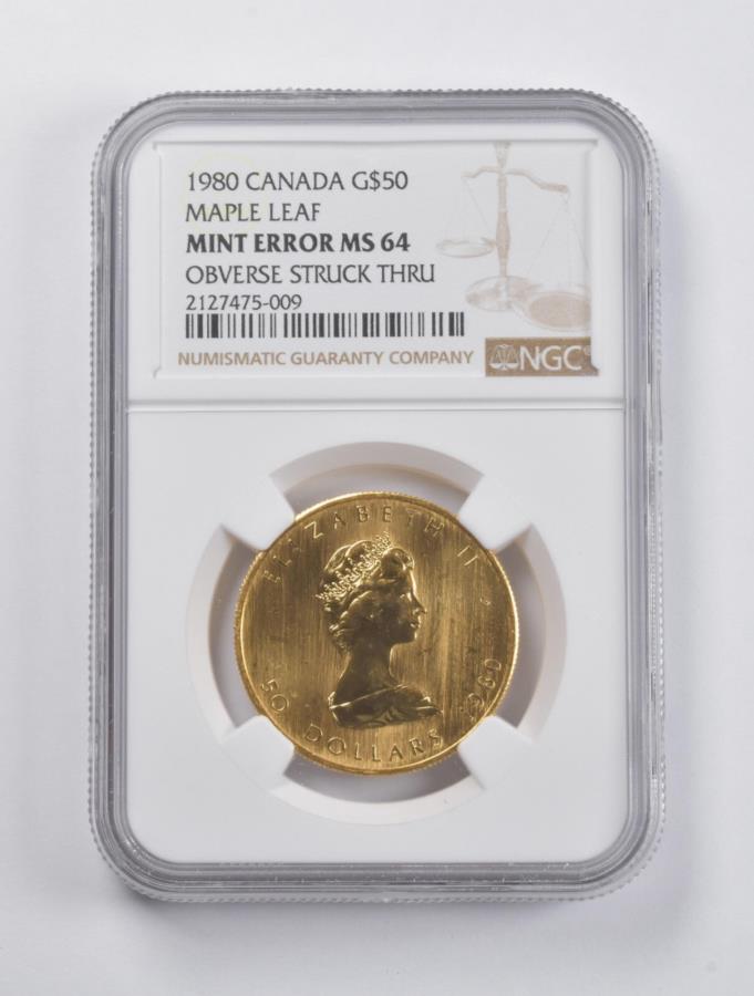 ڶ/ʼݾڽա ƥ 󥳥 [̵] MS64顼1980ʥ$ 50᡼ץ꡼1.999ɥ֥åȥ饤롼NGC *2932 MS64 Error 1980 Canada $50 Maple Leaf 1 Oz .999 Gold OBV Struck Thru NGC *2932