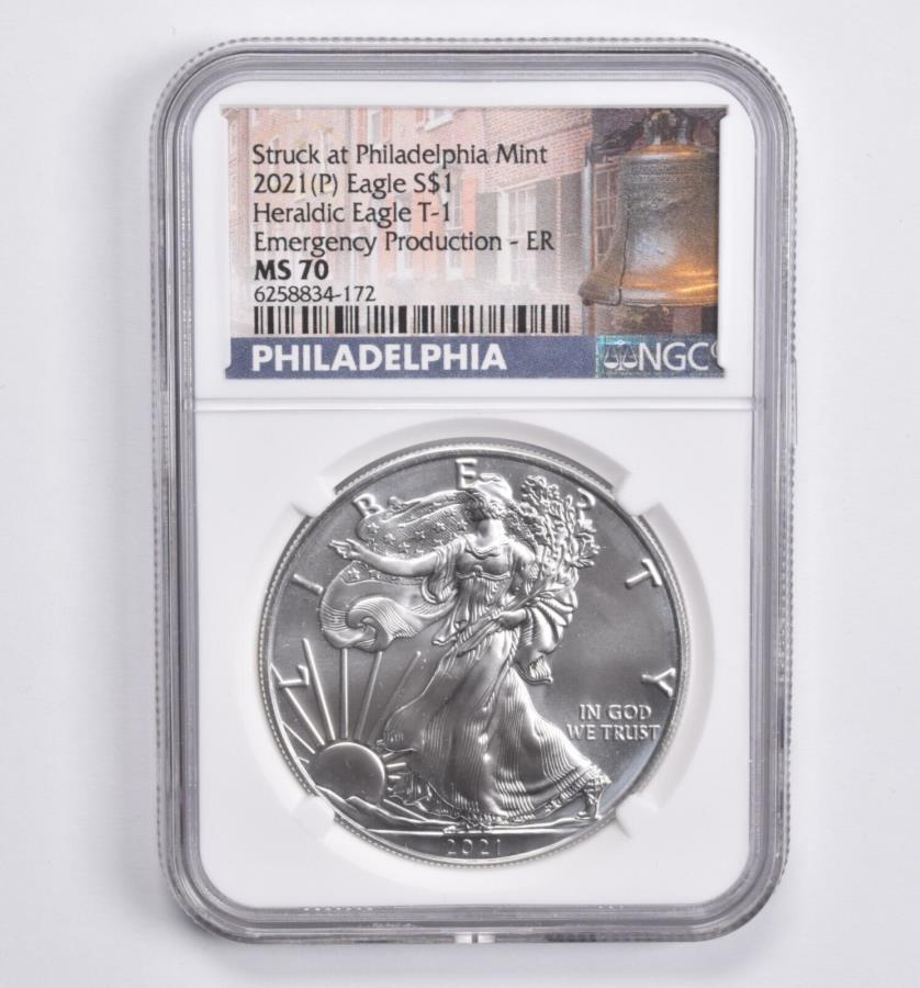 MS70 2021PϥT -1-۵ER NGC٥٥ MS70 2021 (P) Heraldic Eagle T-1 - Emergency Production ER NGC Bell Label