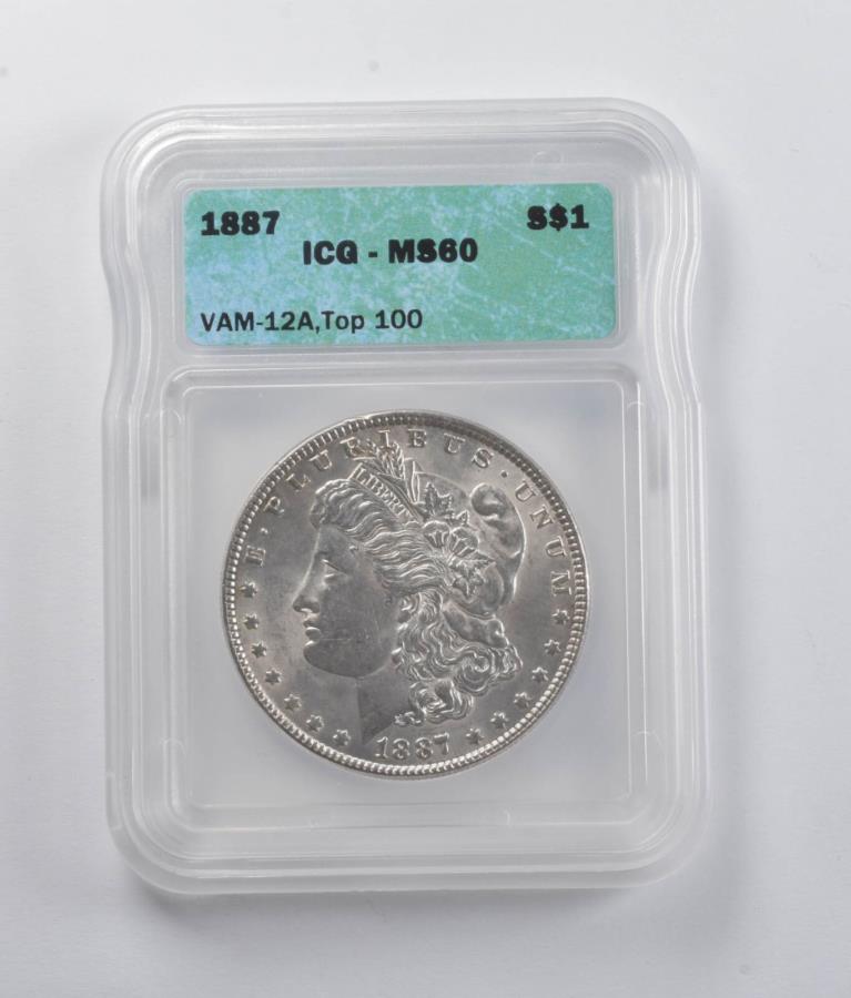 【極美品/品質保証書付】 アンティークコイン モダンコイン [送料無料] MS60 1887 Morgan Silver Dollar Vam-12aトップ100 ICGワニの目 *5907 MS60 1887 Morgan Silver Dollar VAM-12A Top 100 ICG Alligator Eyes *5907