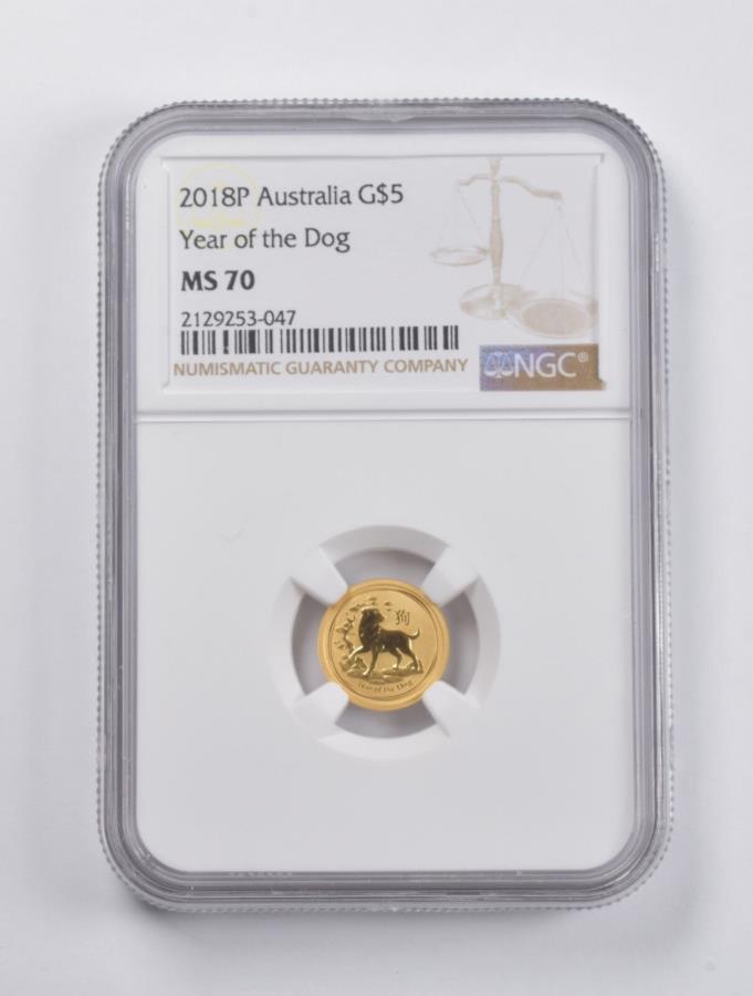  アンティークコイン モダンコイン  MS70 2018-P Australia $ 5ゴールドイヤー犬1/20オンス。 .999ファインゴールドNGC *2953 MS70 2018-P Australia $5 Gold Year Of The Dog 1/20 Oz. .999 Fine Gold NGC *2953