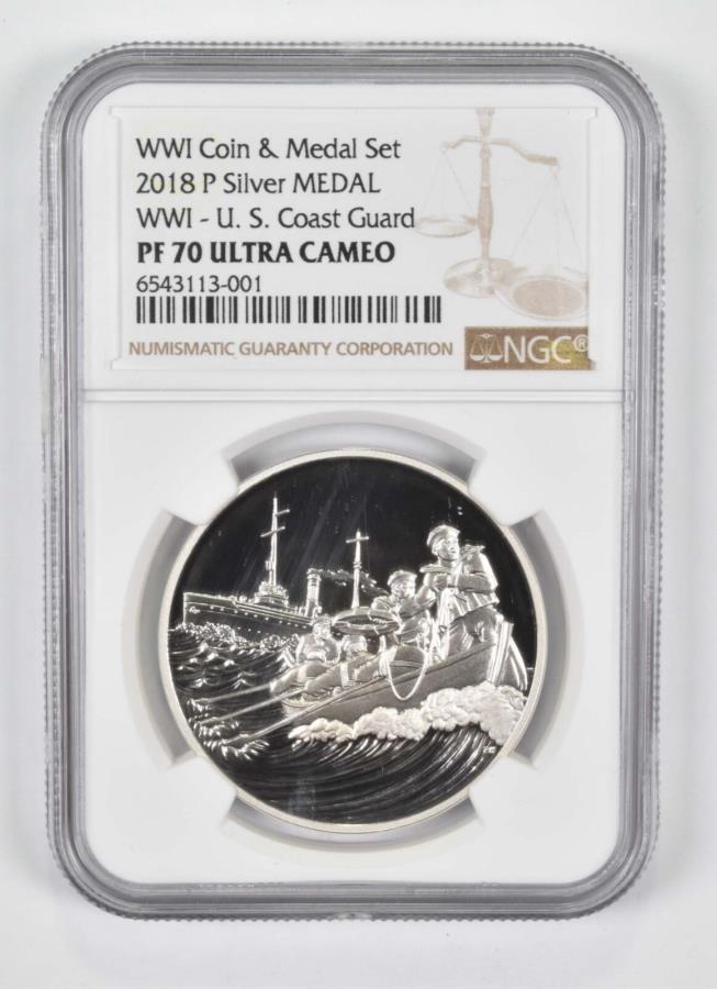 【極美品/品質保証書付】 アンティークコイン モダンコイン [送料無料] 2018-P PF70銀メダルWW1米国沿岸警備隊WW1コインとメダルセットNGC 2018-P PF70 Silver Medal WW1 U.S. Coast Guard WW1 Coin and Medal Set NGC