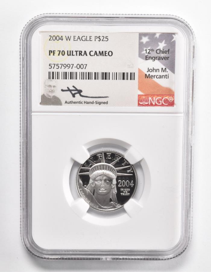  アンティークコイン モダンコイン  PF70 UCAM 2004 -W $ 25 AMERICAN PLATINUM EAGLE -SIGNED -MERCANTI NGC *1026 PF70 UCAM 2004-W $25 American Platinum Eagle - Signed - Mercanti NGC *1026