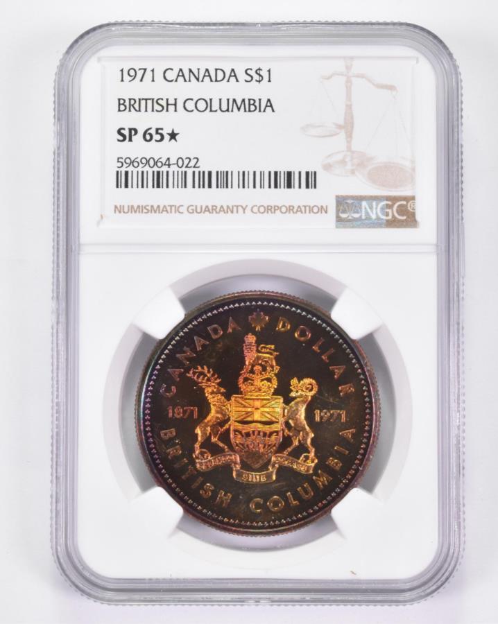 SP65* 1971ʥС顼 - ֥ƥå女ӥ - ȡ NGC *8977 SP65* 1971 Canada Silver Dollar - British Columbia - Toned! NGC *8977
