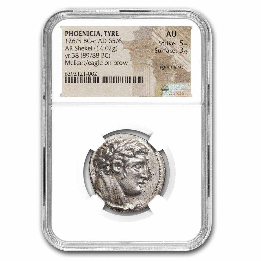 yɔi/iۏ؏tz AeB[NRC _RC [] tFjVA^CVo[VFPiIO89/88jAU NGC -SKU279764 Phoenicia Tyre Silver Shekel (89/88 BC) AU NGC - SKU#279764