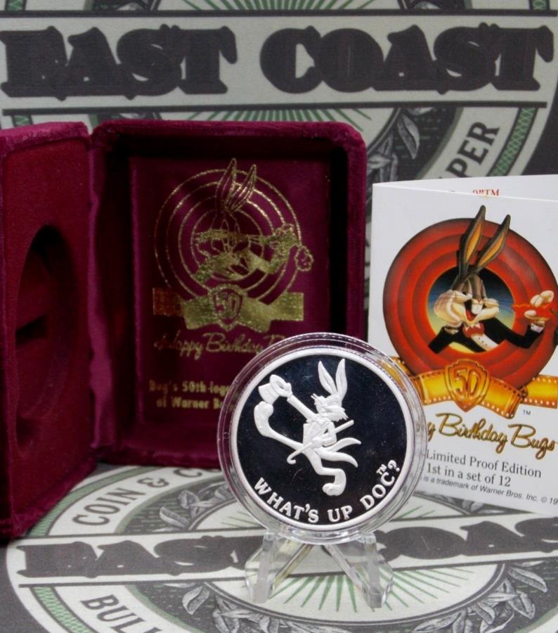 yɔi/iۏ؏tz AeB[NRC _RC [] 1990oOoj[50΂̒a * What's Up Doc * 1oz .999 Silver Proof BoxCOA 1990 Bugs Bunny 50th Birthday *WHAT'S UP DOC* 1oz .999 SILVER Proof Box & COA