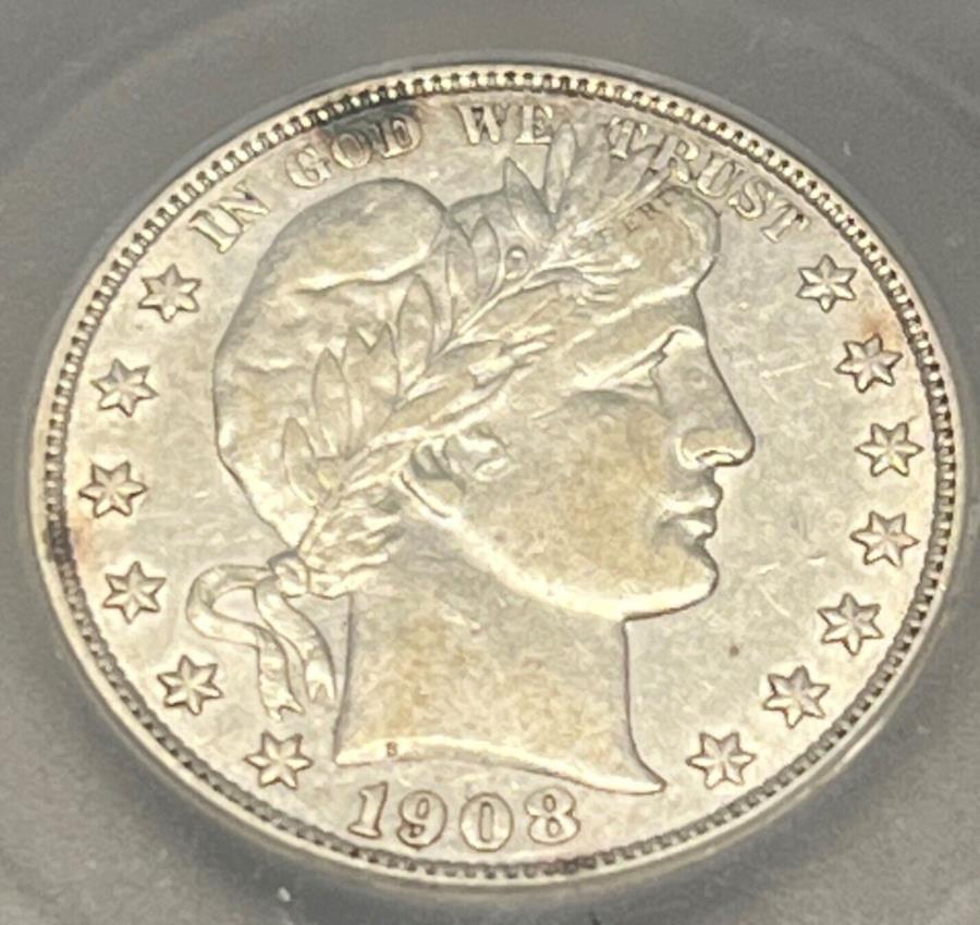 yɔi/iۏ؏tz AeB[NRC _RC [] 1908-Do[o[Vo[n[t_[ICG AU50 ...ۂ̃RCF1761 1908-D BARBER SILVER HALF DOLLAR ICG AU50...ACTUAL COIN #F1761