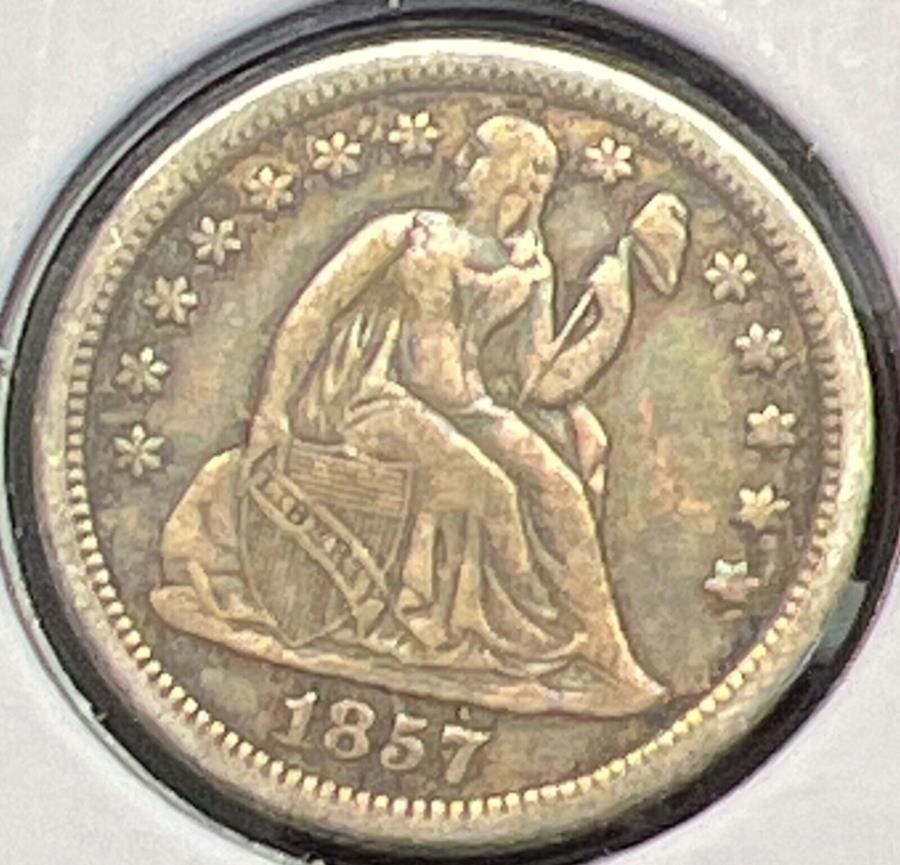 yɔi/iۏ؏tz AeB[NRC _RC [] 1857NɍoeBVo[_CO[hʂȔׂȎۂ̃RCC13368 1857 SEATED LIBERTY SILVER DIME GRADES EXTRA FINE ACTUAL COIN #C13368