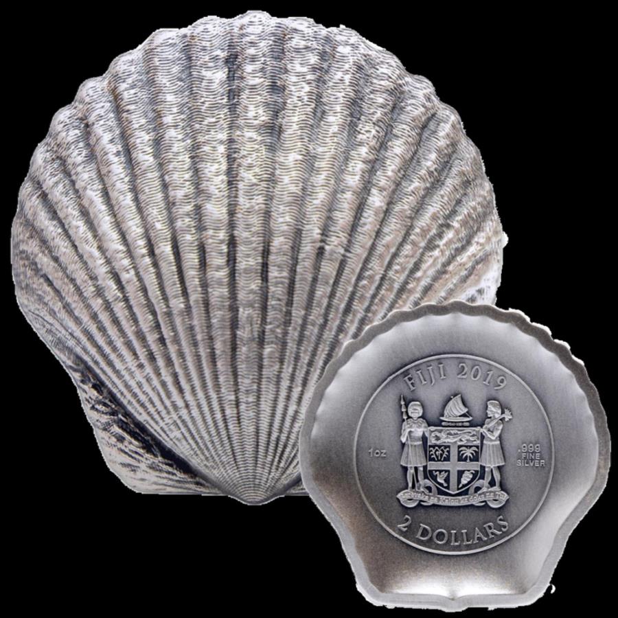  アンティークコイン モダンコイン  ホタテ貝のコインキャスタウェイシーズレルシルバーコイン（2.）2019-フィジー-1オンスアンティークフィニッシュ - Scallop Coin Castaway Seashells Silver Coin (2.) 2019 - Fiji - 1oz Antique Fin