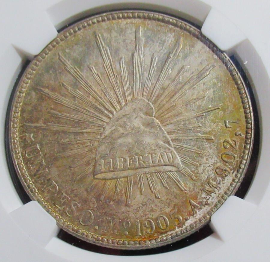  アンティークコイン モダンコイン  メキシコ：共和国ペソ1903 MO-AM MS62 NGC、メキシコシティミント、KM409.2。 Mexico: Republic Peso 1903 Mo-AM MS62 NGC, Mexico City mint, KM409.2.