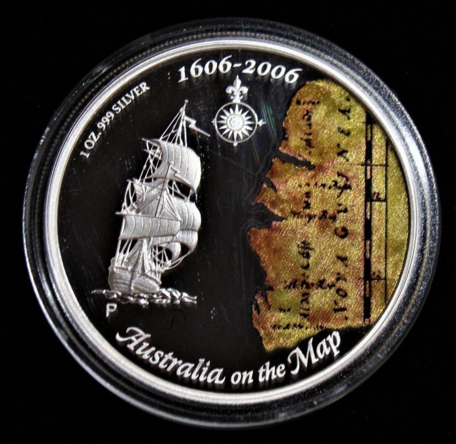 yɔi/iۏ؏tz AeB[NRC _RC [] 1606-2006I[XgA̒n}$ 1̐FtׂRCƔCOAB 1606-2006 Map of Australia $1 Colorized Fine Silver Coin with Box and COA.