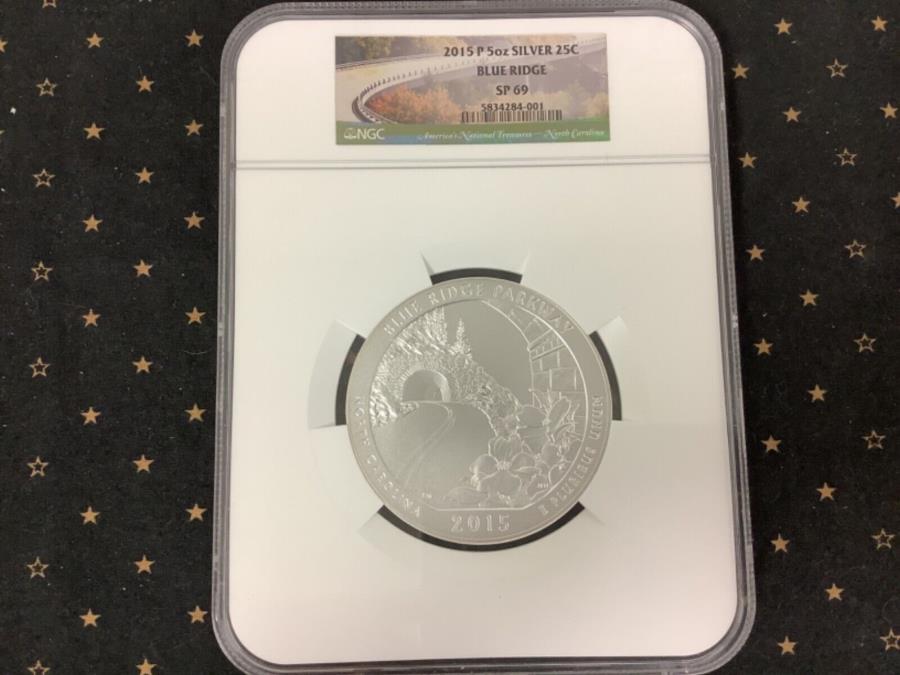 yɔi/iۏ؏tz AeB[NRC _RC [] 2015 P Blue Ridge PKWY ATB QUARTE SP 69 NGC 5 OZ SILVER -GIANT SILVER QUARTEI 2015 P Blue Ridge PKWY ATB Quarter SP 69 NGC 5 oz Silver - Giant Silver Quarter!